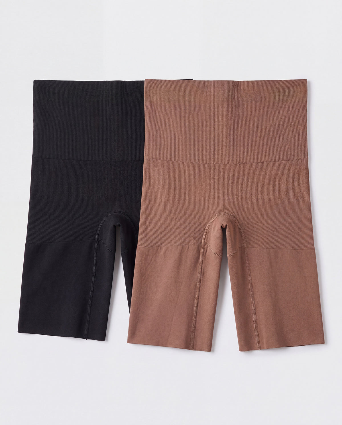 Haven high-waist smoothing shorts, black and mocha pair laid flat