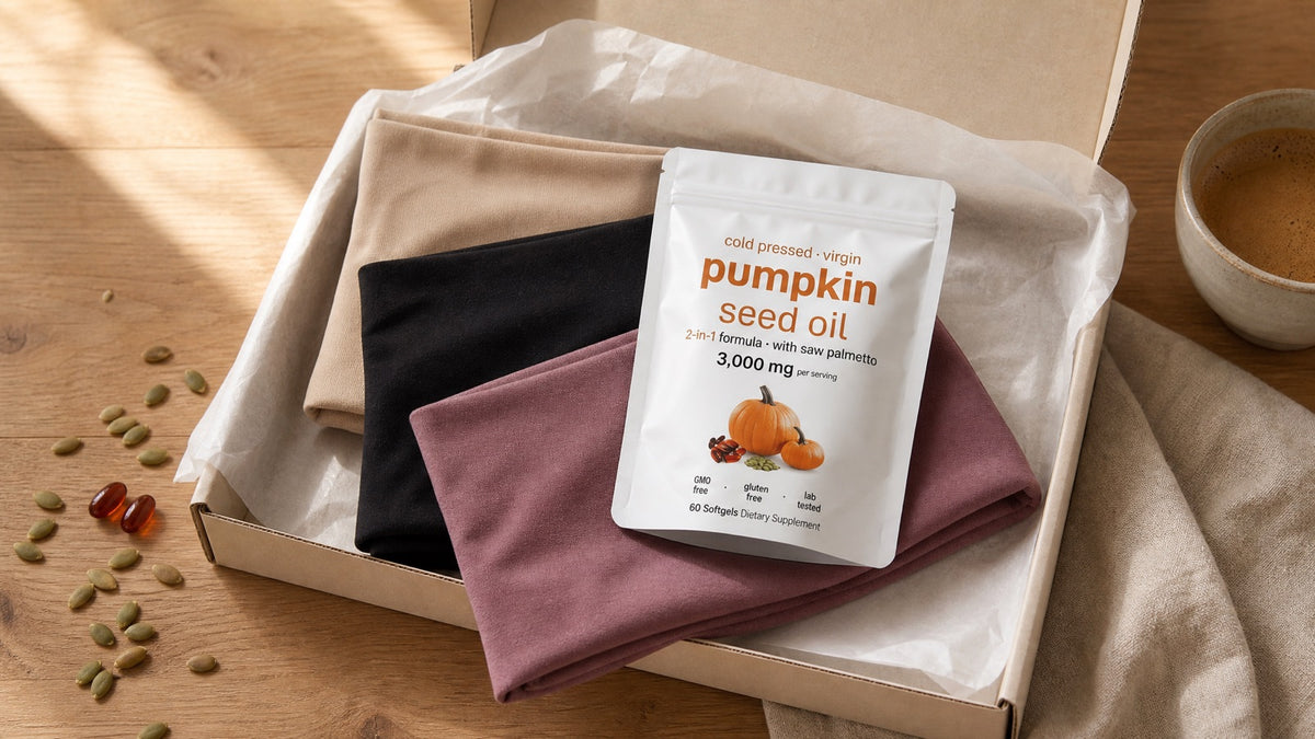 An open kraft box holding three folded pairs of Haven underwear with a pouch of pumpkin seed oil softgels on top