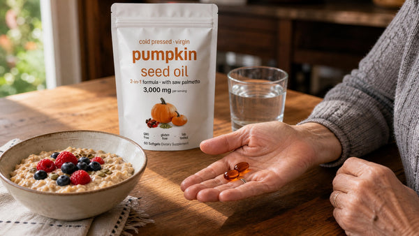 Two softgels in a woman's palm at the breakfast table beside the pouch