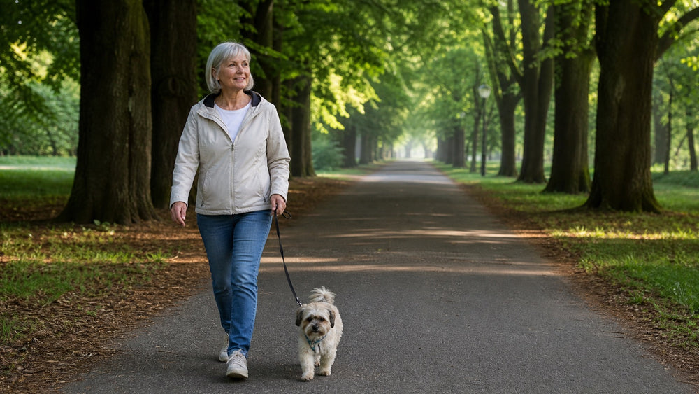 A woman in her sixties walking her dog along a long tree-lined path