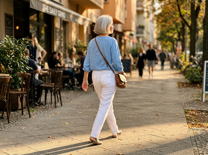 Woman in white pants standing confidently, no visible pad lines