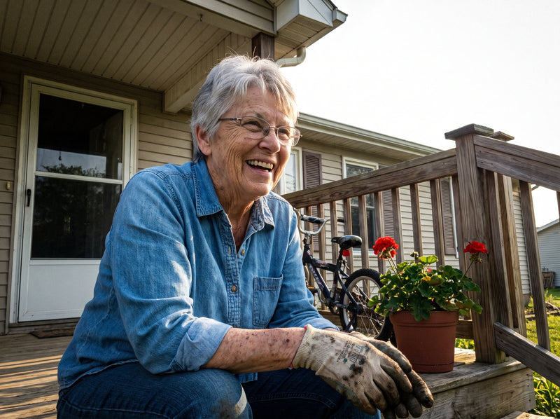 A woman in her late sixties laughing on her front porch step in gardening gloves