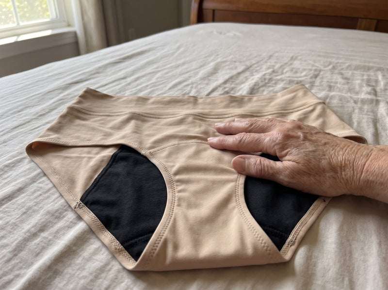 An older woman's hand resting on the soft beige fabric of a pair of Haven underwear laid flat on a bed, the black sewn-in core visible