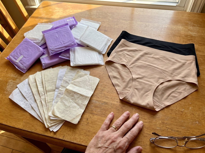 A pile of disposable pads and a fan of crumpled drugstore receipts on a kitchen table next to two folded pairs of Haven underwear