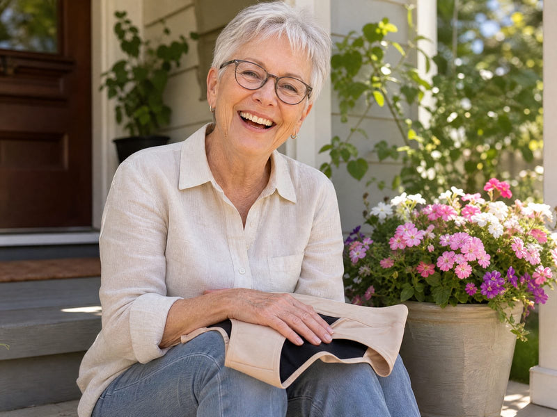 A woman in her mid sixties laughing on a sunny front porch step with a folded pair of Haven underwear on her lap