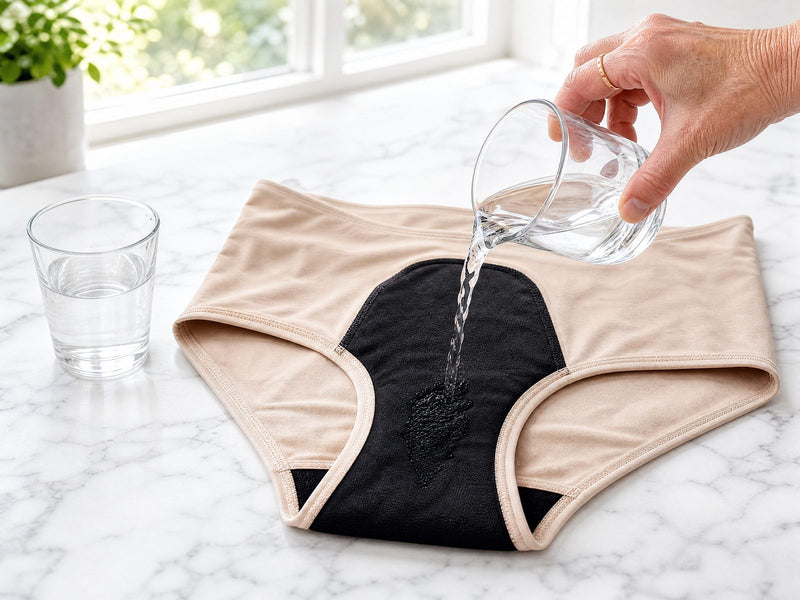Water poured from a clear measuring cup onto the black sewn-in core of a beige pair of Haven underwear on a white kitchen counter