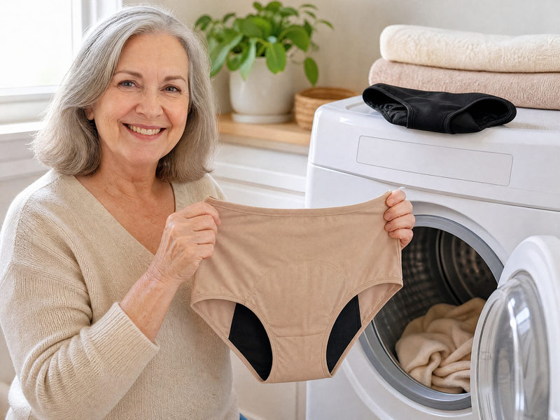 A woman in her sixties holding up a clean beige pair of Haven underwear in front of an open tumble dryer