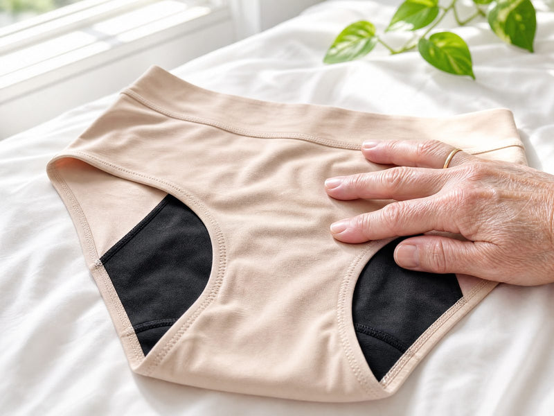 An older woman's hand resting on the soft beige fabric of a pair of Haven underwear on white bedding