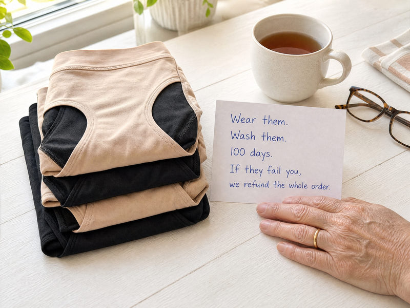 A stack of folded Haven underwear beside a handwritten card that reads: Wear them. Wash them. 100 days. If they fail you, we refund the whole order.