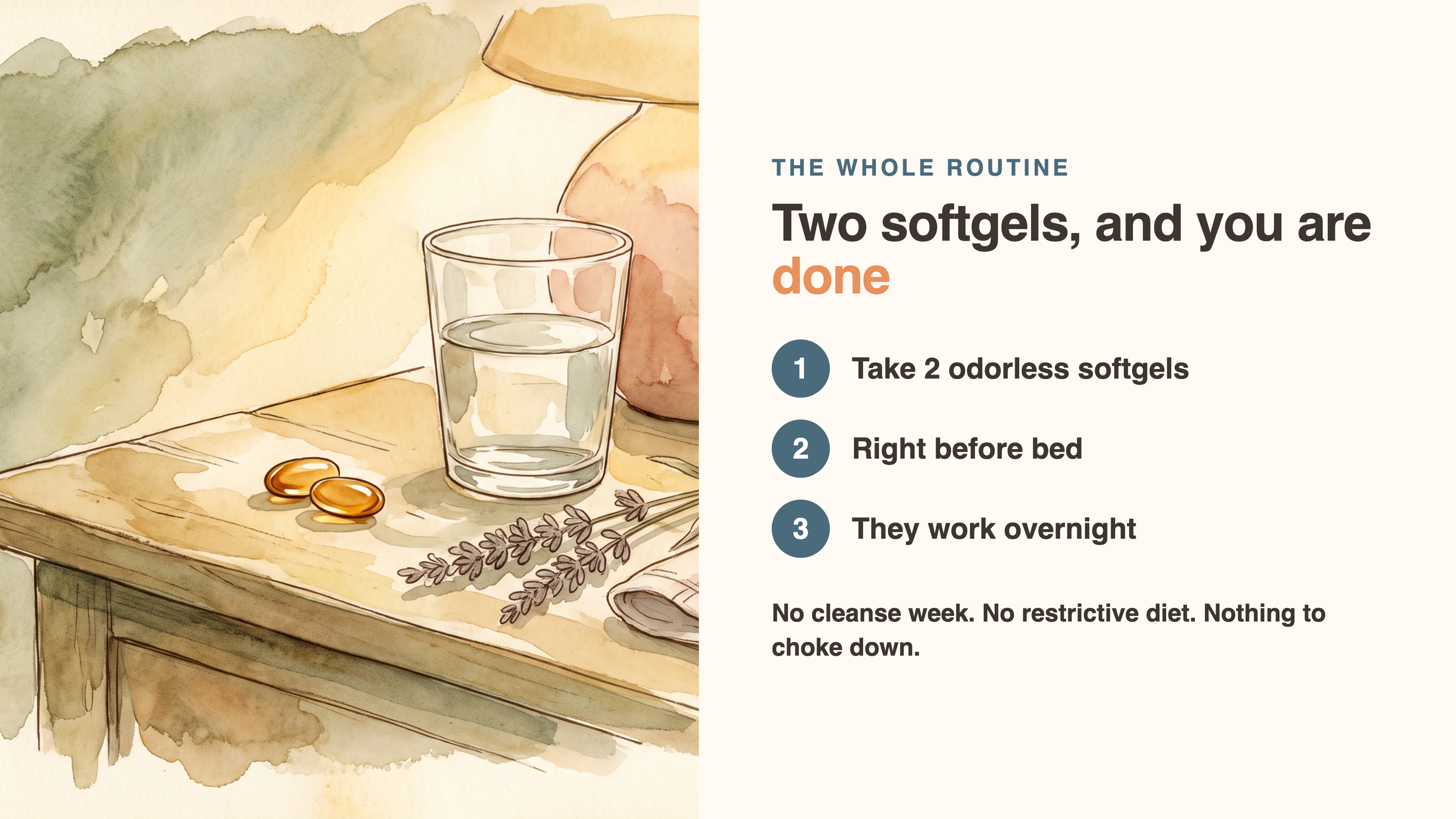 Two odorless softgels taken before bed