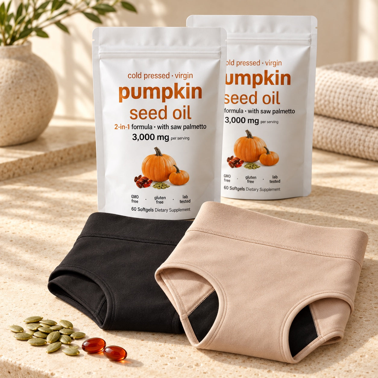 Two pumpkin seed oil pouches with two Haven leakproof pairs