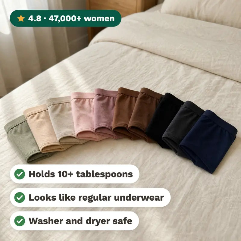 Ten pairs of Haven on a linen bed: holds 10+ tablespoons, looks like regular underwear, washer and dryer safe